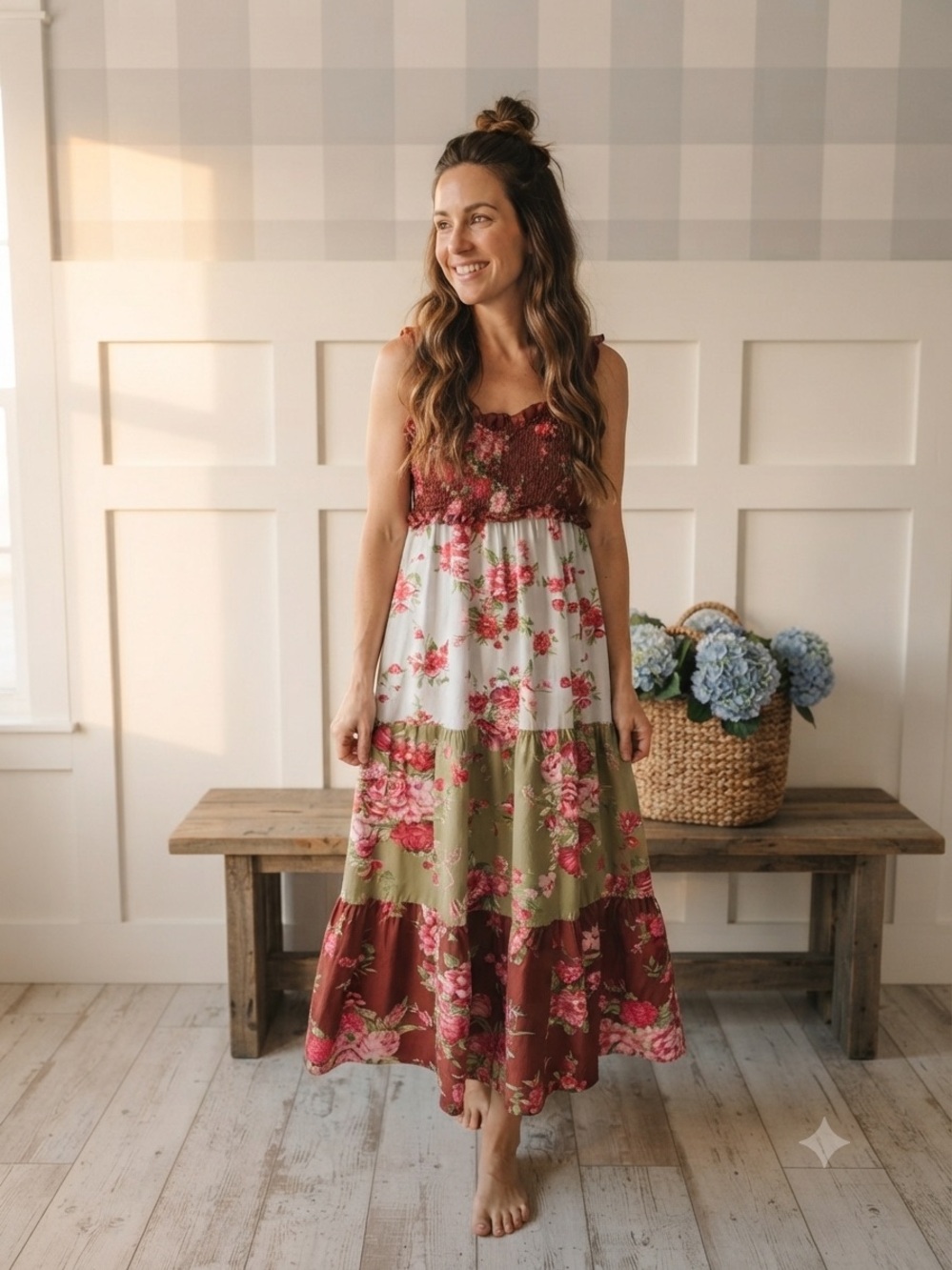 Floral Tiered Midi Dress in Burgundy and Olive